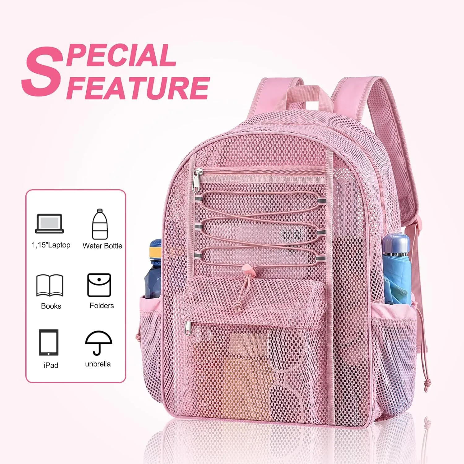 Mesh Backpack Heavy Duty for School, 24L Large Mesh Bookbag for Adults, Black Mesh School Bag with Comfort Padded Straps for Work Swimming Beach Fitness Sport(Pink)