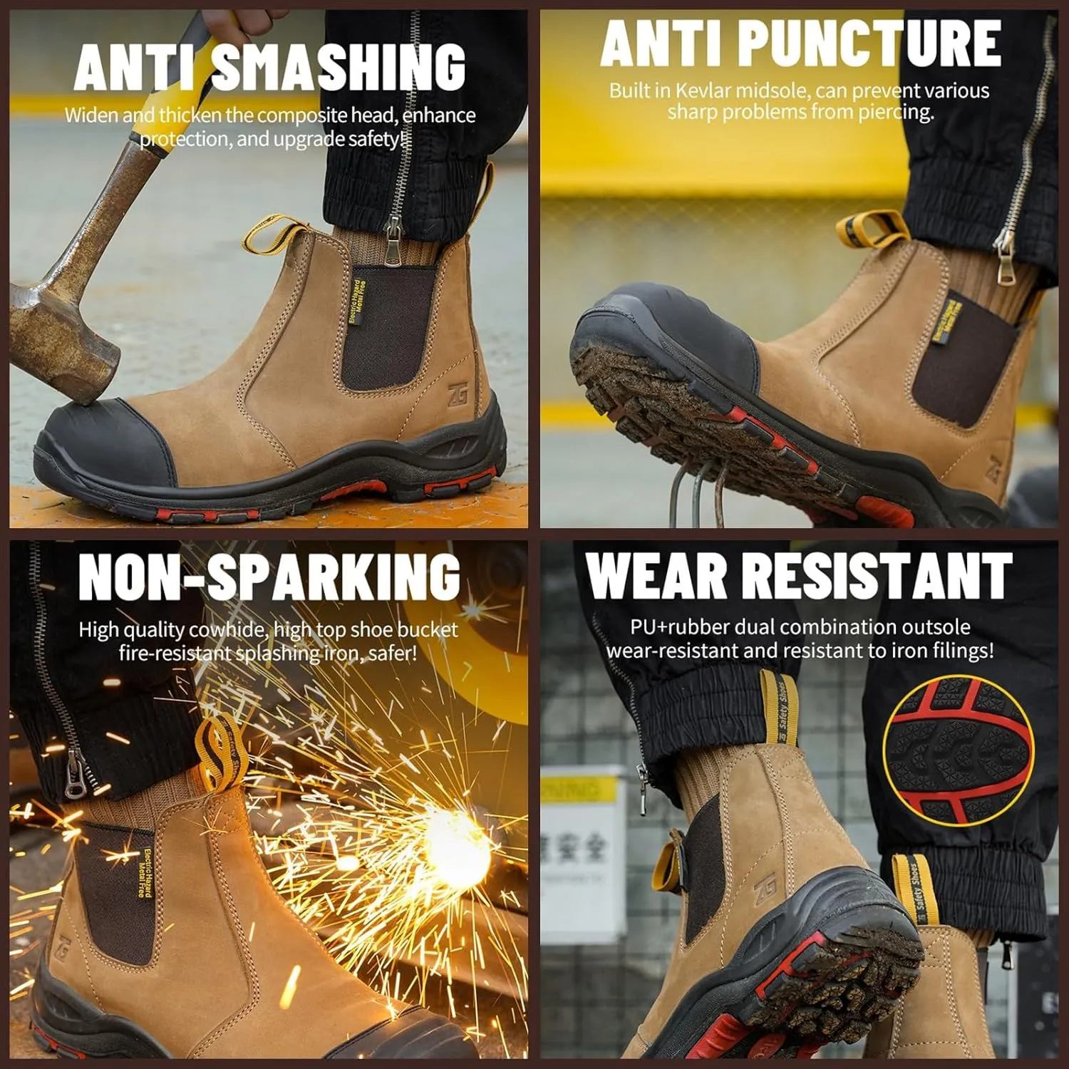 Micoklinlin Composite Steel Toe Boots for Men Work Genuine Leather Chelsea Boots Anti-slip Puncture Proof Safety Shoes