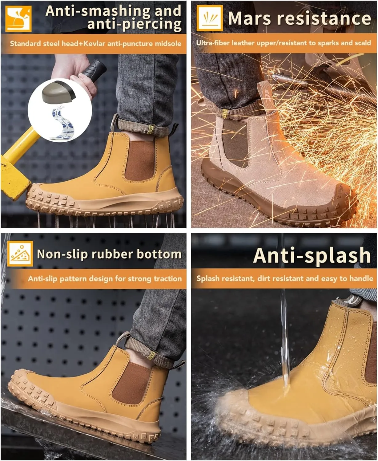 Micoklinlin Steel Toe Boots for Men Waterproof Work Chelsea Boots Fashion Anti-Slip Safety Shoes Slip on Leather Boots