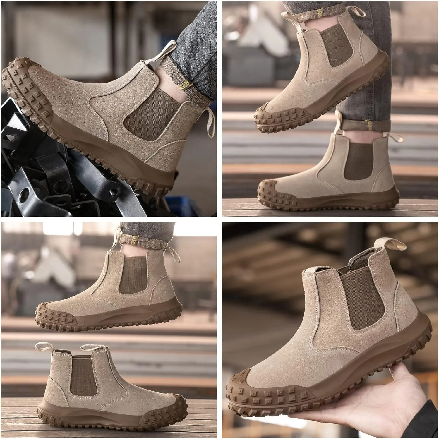 Micoklinlin Steel Toe Boots for Men Waterproof Work Chelsea Boots Fashion Anti-Slip Safety Shoes Slip on Leather Boots