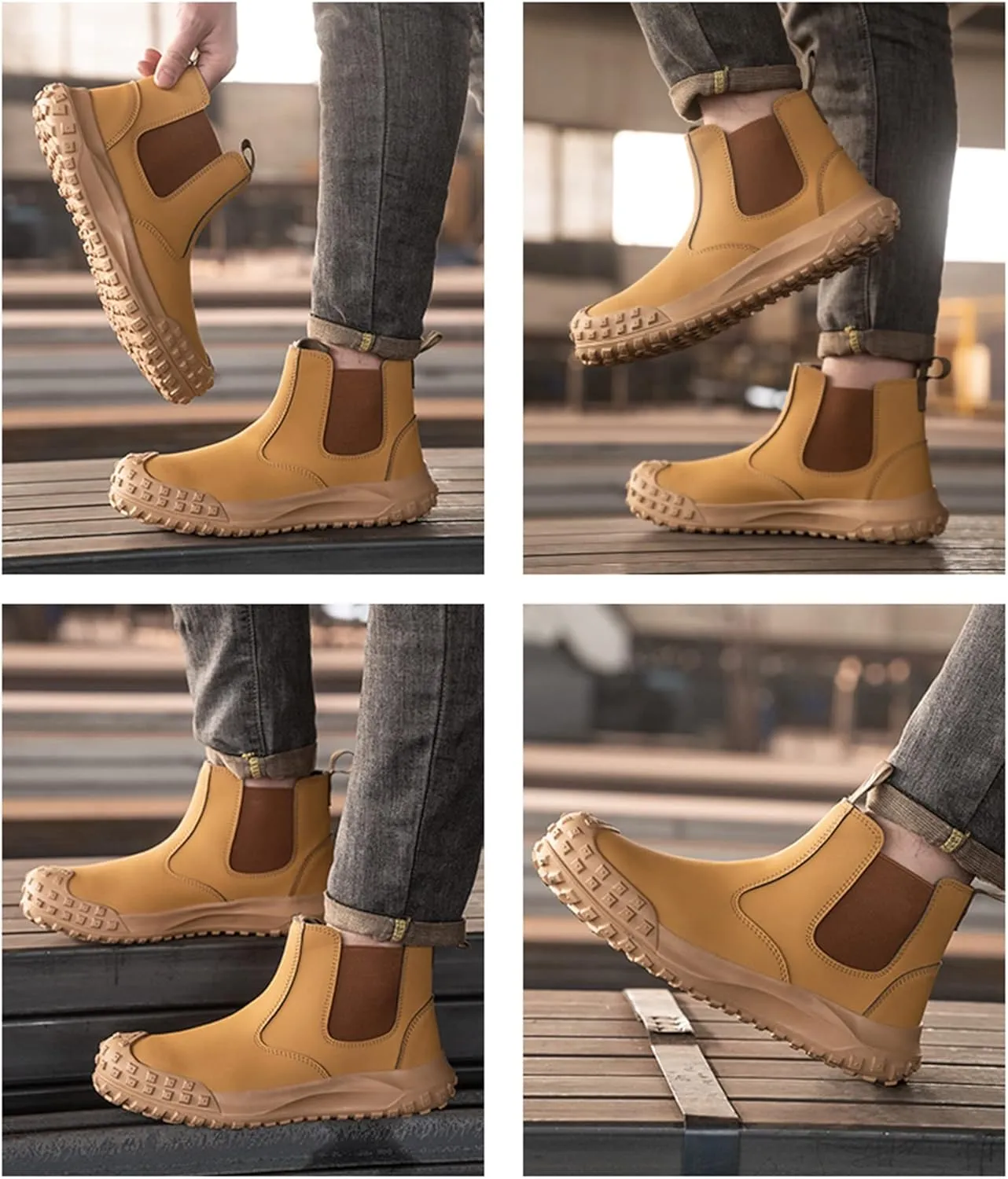 Micoklinlin Steel Toe Boots for Men Waterproof Work Chelsea Boots Fashion Anti-Slip Safety Shoes Slip on Leather Boots