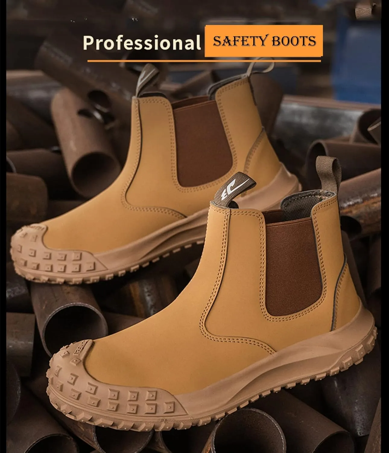 Micoklinlin Steel Toe Boots for Men Waterproof Work Chelsea Boots Fashion Anti-Slip Safety Shoes Slip on Leather Boots