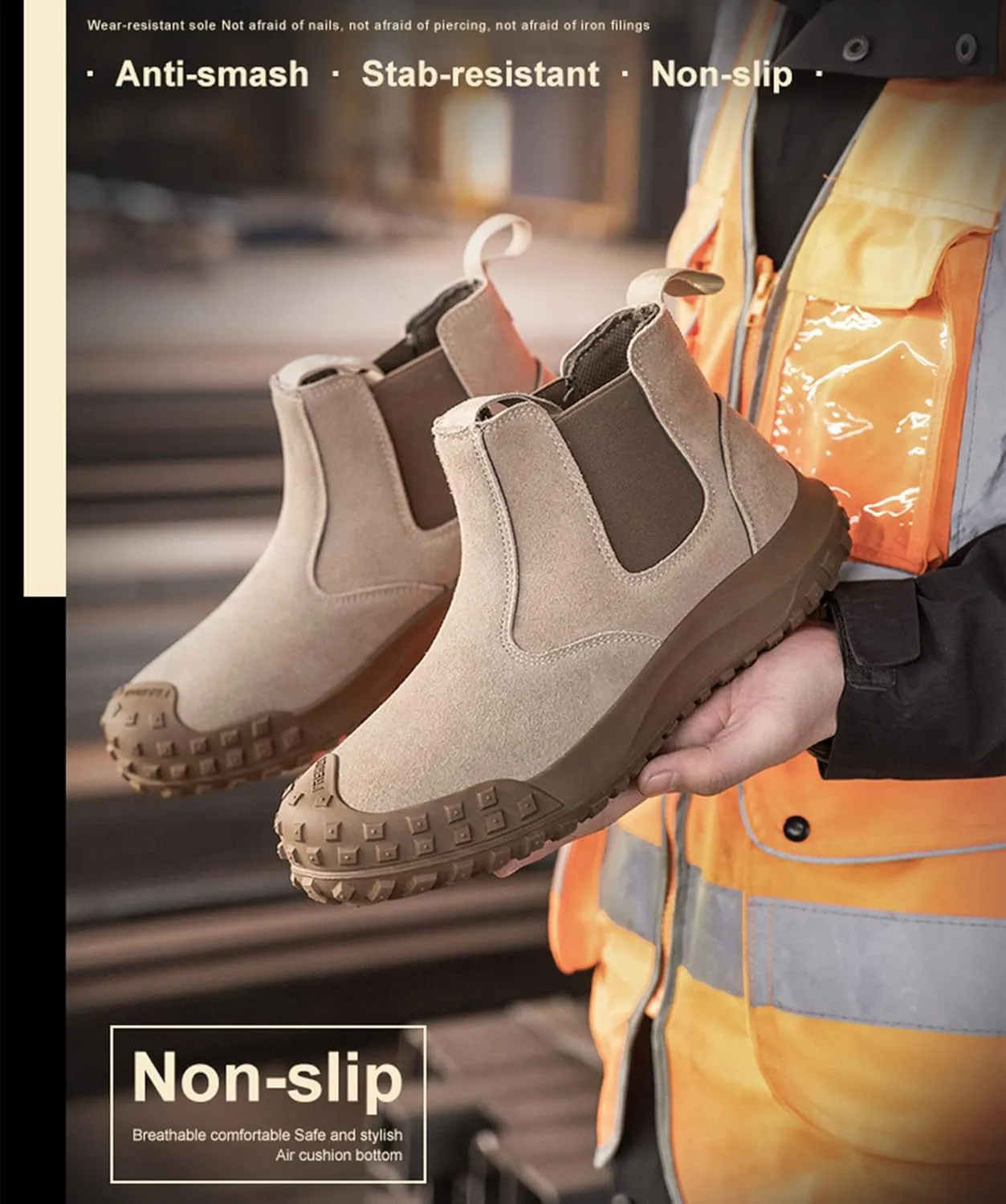 Micoklinlin Steel Toe Boots for Men Waterproof Work Chelsea Boots Fashion Anti-Slip Safety Shoes Slip on Leather Boots