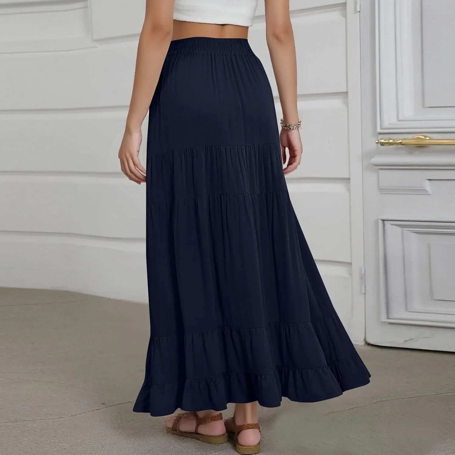midelxp Flowy Long Skirts for Women Summer Elastic High Waist A Line Pleated Skirts Y2k Comfy Tiered Maxi Skirt with Pockets