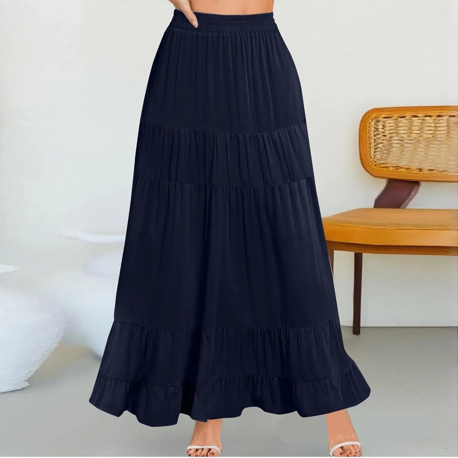 midelxp Flowy Long Skirts for Women Summer Elastic High Waist A Line Pleated Skirts Y2k Comfy Tiered Maxi Skirt with Pockets