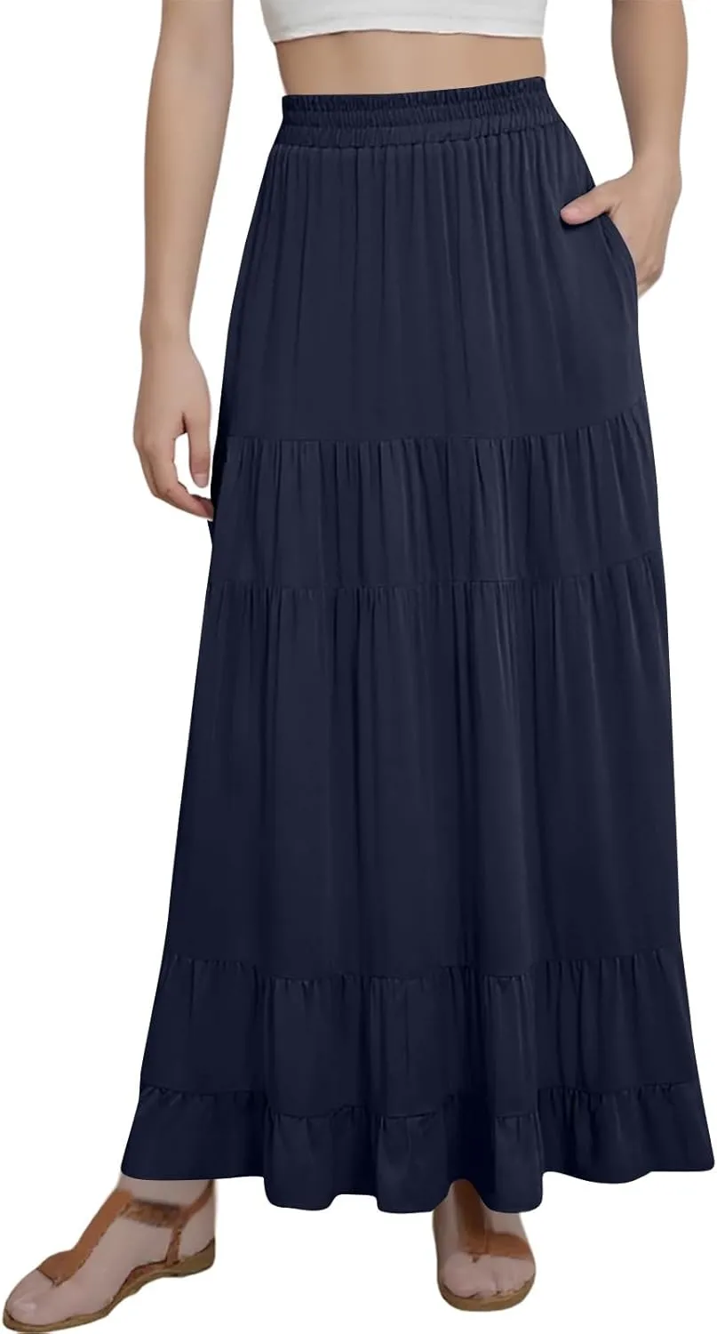 midelxp Flowy Long Skirts for Women Summer Elastic High Waist A Line Pleated Skirts Y2k Comfy Tiered Maxi Skirt with Pockets