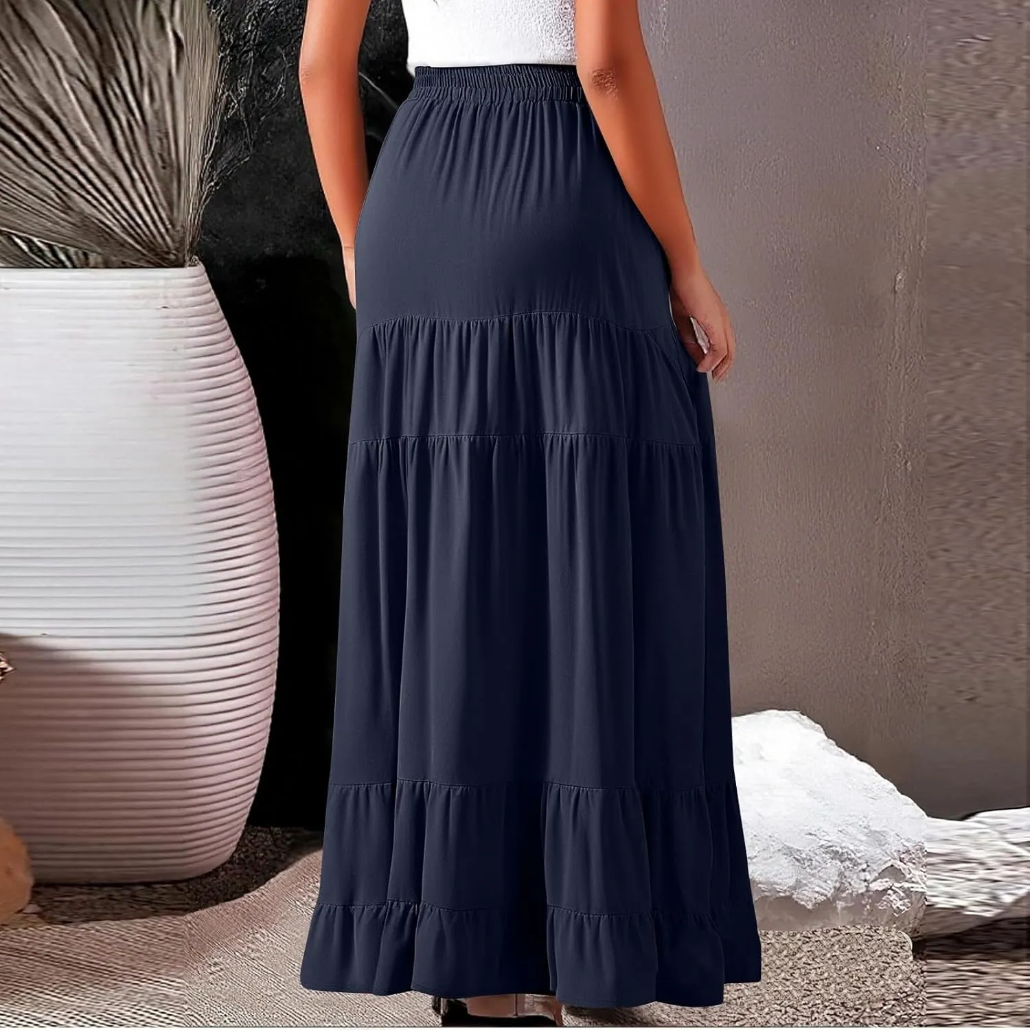 midelxp Flowy Long Skirts for Women Summer Elastic High Waist A Line Pleated Skirts Y2k Comfy Tiered Maxi Skirt with Pockets