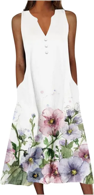 Midi Dresses for Women Flower Graphic Print Sundress Sleeveless A Line Flowy Beach Dresses with Pockets