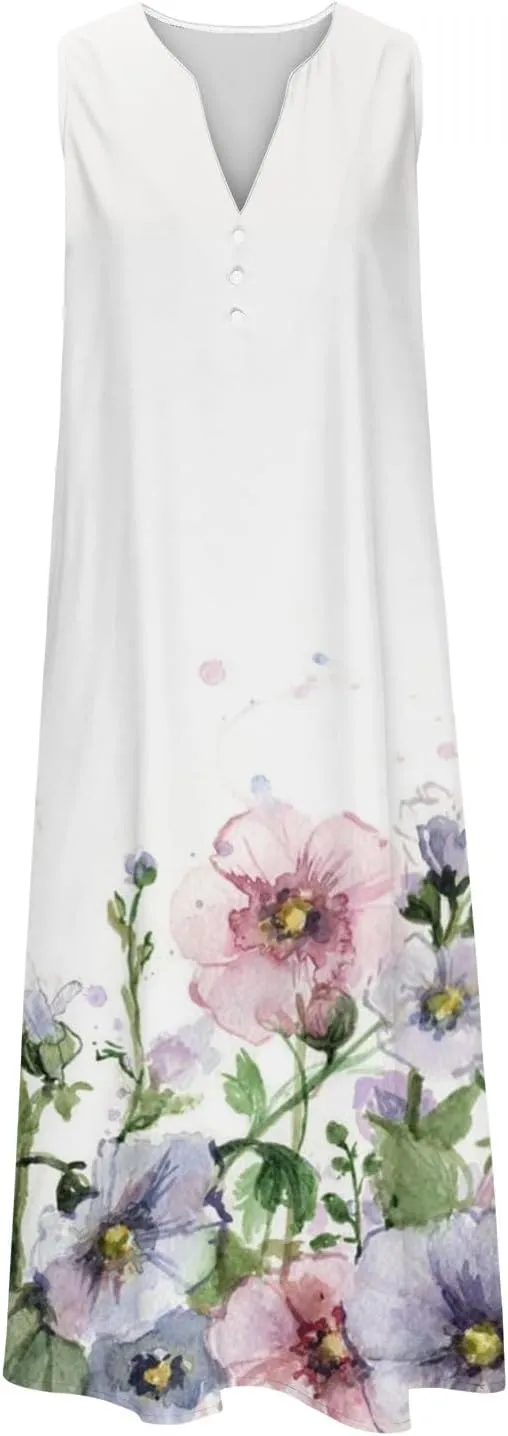 Midi Dresses for Women Flower Graphic Print Sundress Sleeveless A Line Flowy Beach Dresses with Pockets