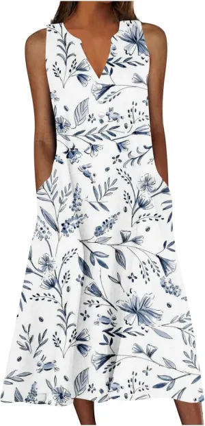 Midi Dresses for Women Flower Graphic Print Sundress Sleeveless A Line Flowy Beach Dresses with Pockets