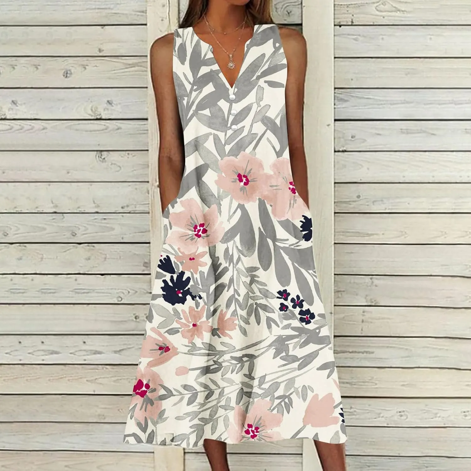Midi Dresses for Women Flower Graphic Print Sundress Sleeveless A Line Flowy Beach Dresses with Pockets