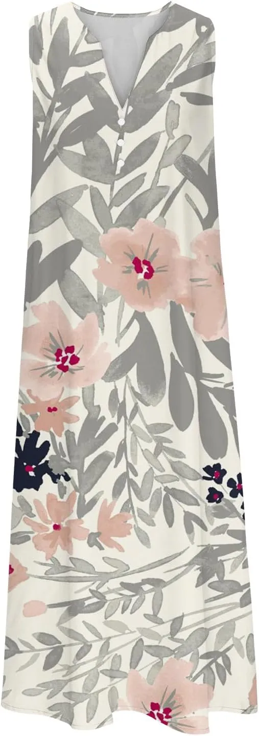 Midi Dresses for Women Flower Graphic Print Sundress Sleeveless A Line Flowy Beach Dresses with Pockets
