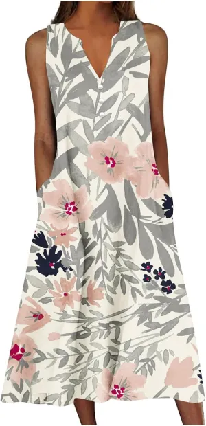 Midi Dresses for Women Flower Graphic Print Sundress Sleeveless A Line Flowy Beach Dresses with Pockets