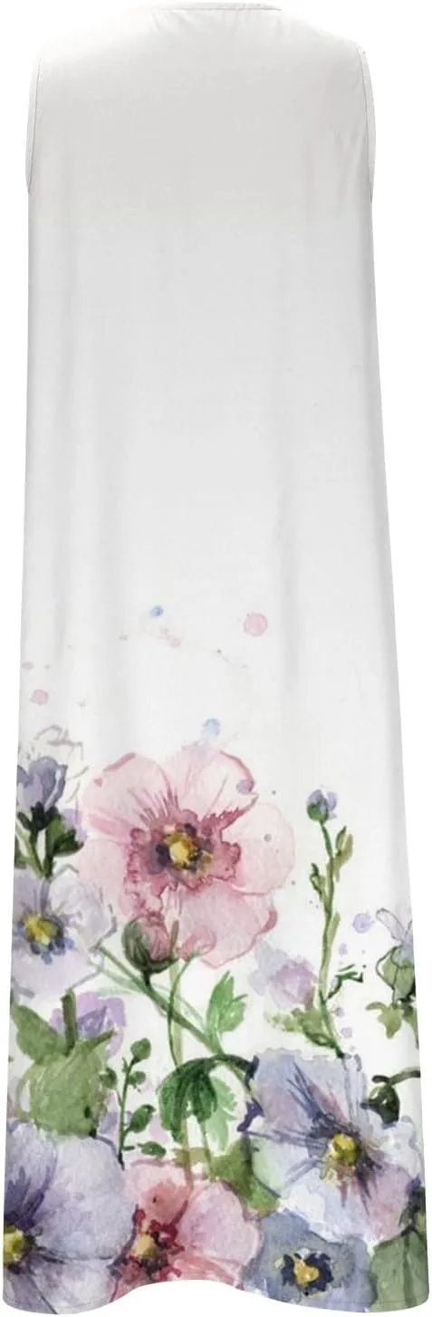 Midi Dresses for Women Flower Graphic Print Sundress Sleeveless A Line Flowy Beach Dresses with Pockets