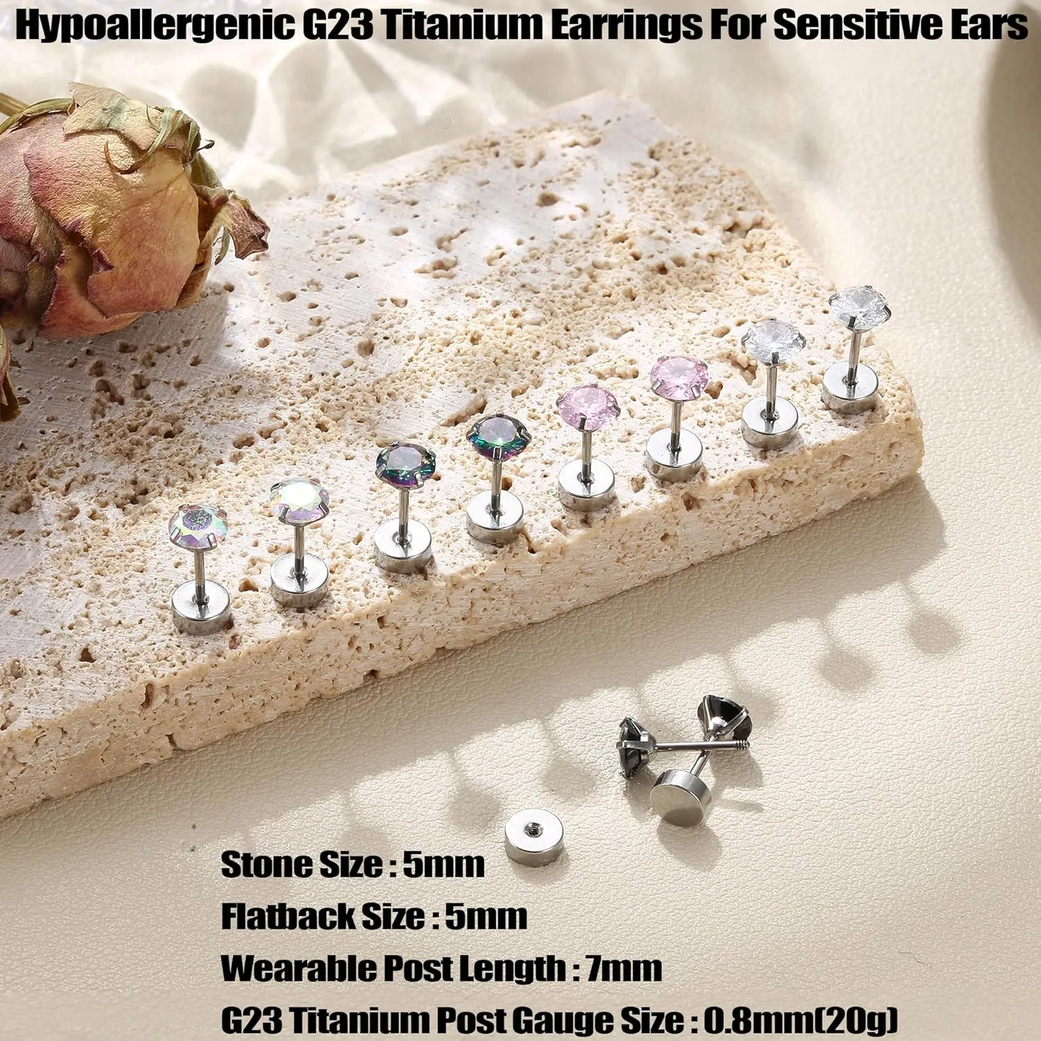 MILACOLATO 5 Pairs Titanium Earrings for Women Men G23 Pure Titanium Earrings for Sensitive Ears Cubic Zirconia Surgical Stainless Steel Flat Back Stud Earrings Hypoallergenic Piercing Sleeper Cartilage Screwback Studs