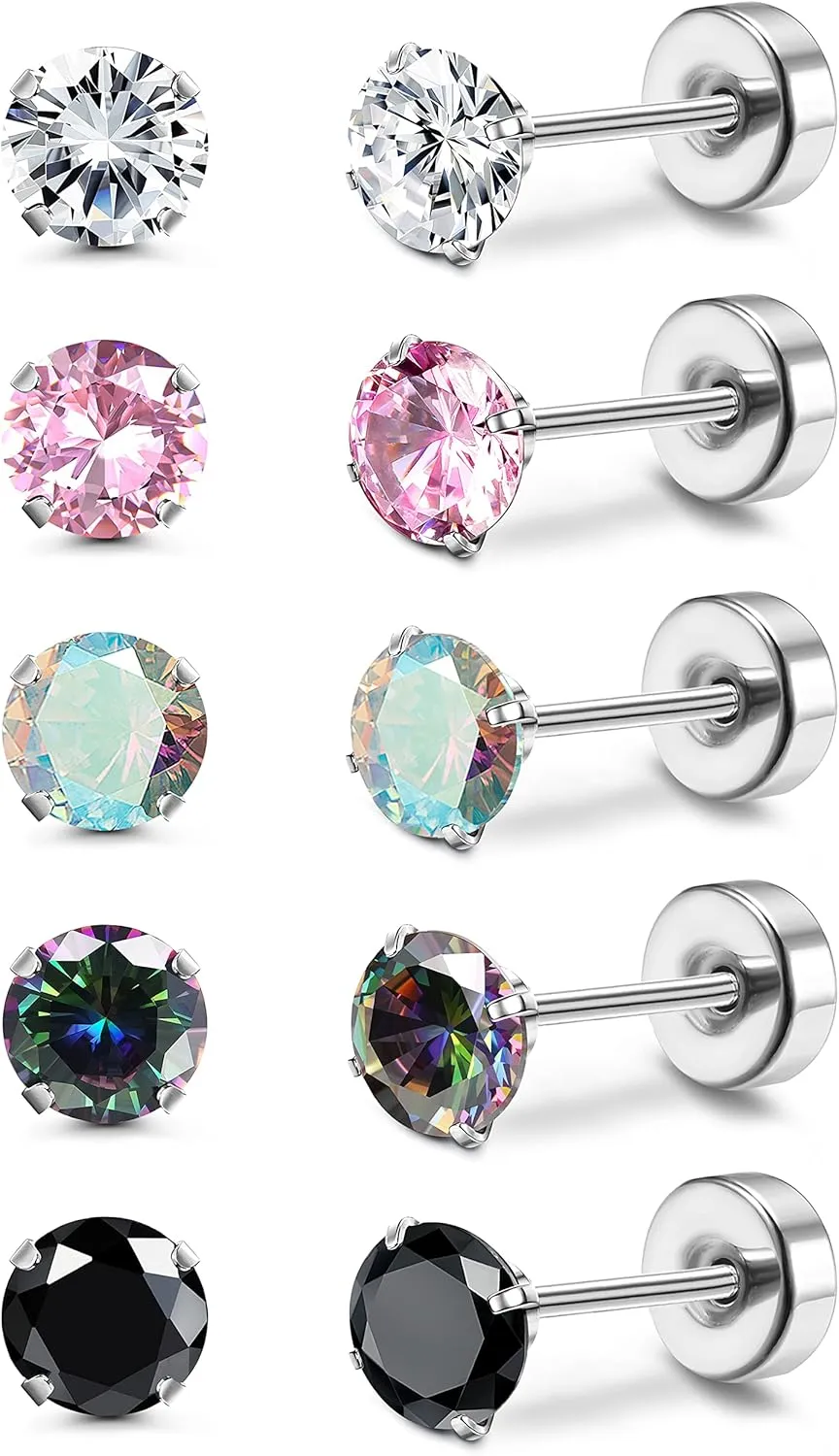 MILACOLATO 5 Pairs Titanium Earrings for Women Men G23 Pure Titanium Earrings for Sensitive Ears Cubic Zirconia Surgical Stainless Steel Flat Back Stud Earrings Hypoallergenic Piercing Sleeper Cartilage Screwback Studs