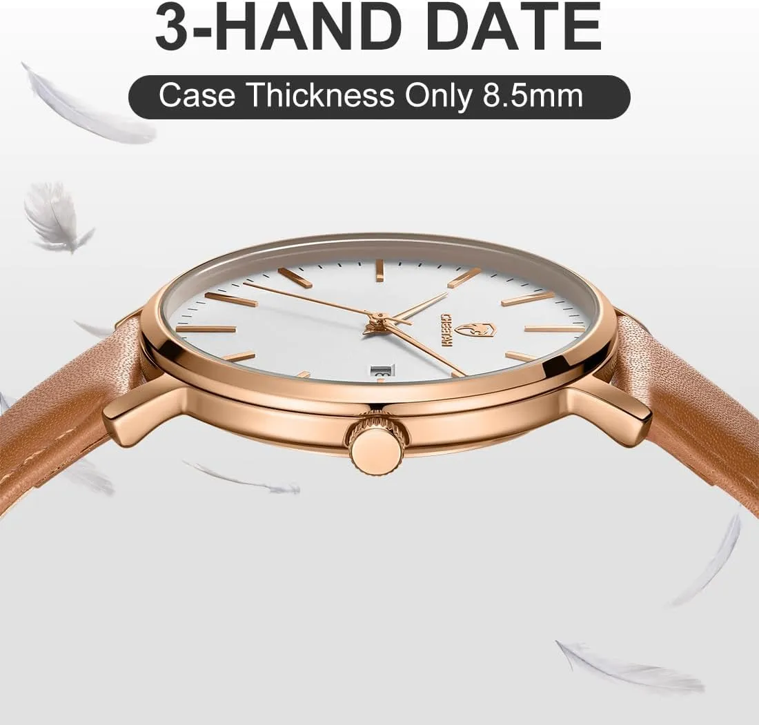 Minimalist Waterproof Quartz Watches for Men with Leather Strap, Auto Date