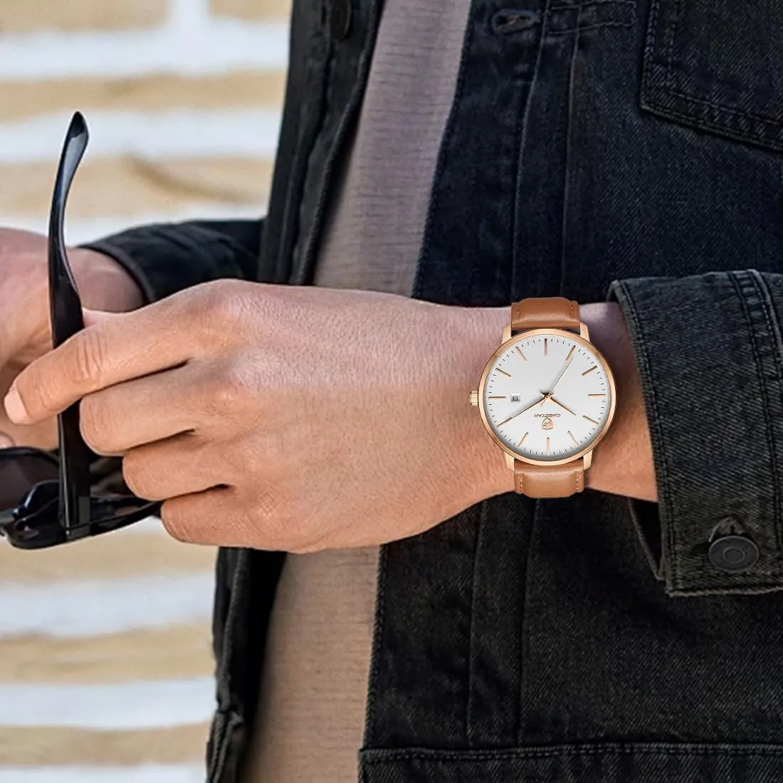 Minimalist Waterproof Quartz Watches for Men with Leather Strap, Auto Date