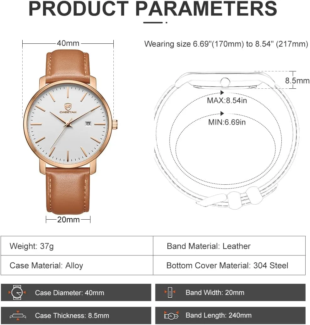 Minimalist Waterproof Quartz Watches for Men with Leather Strap, Auto Date