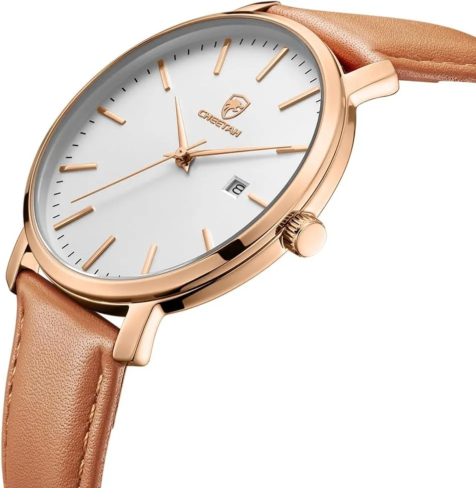 Minimalist Waterproof Quartz Watches for Men with Leather Strap, Auto Date