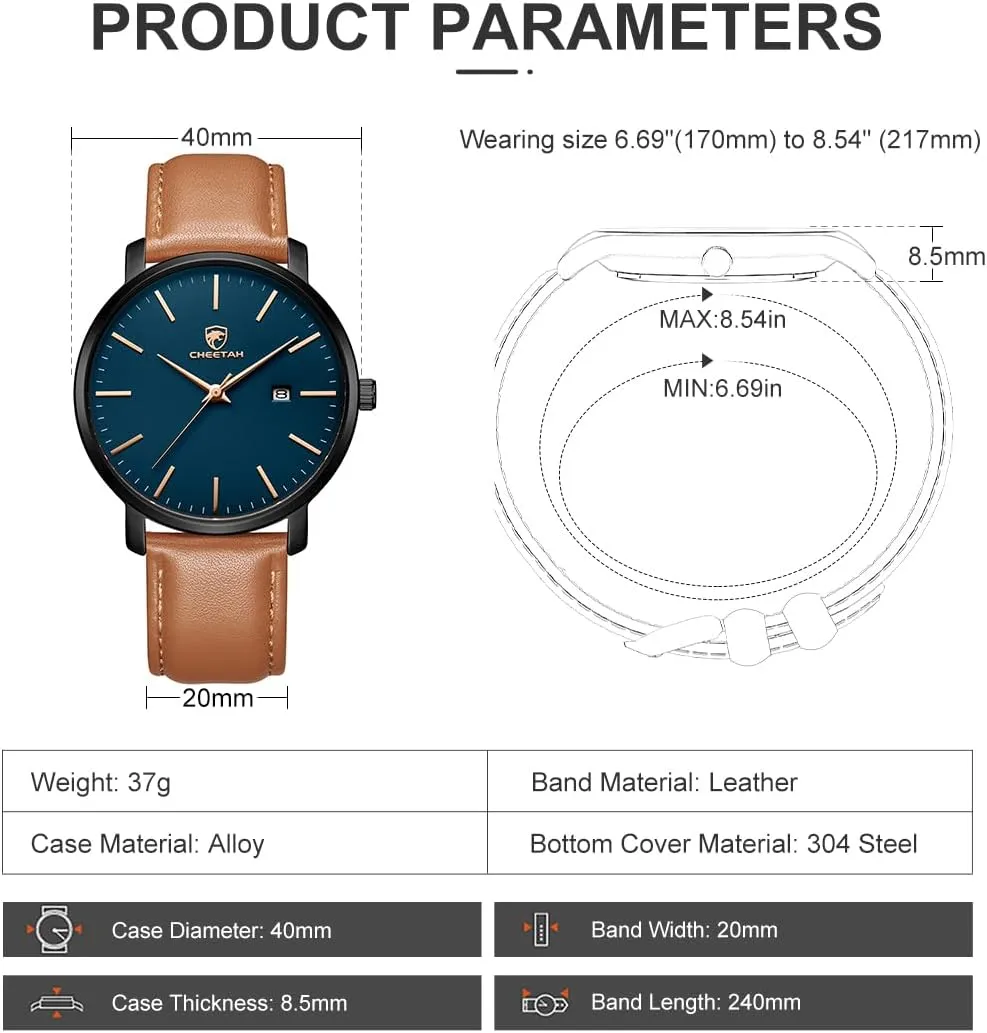 Minimalist Waterproof Quartz Watches for Men with Leather Strap, Auto Date