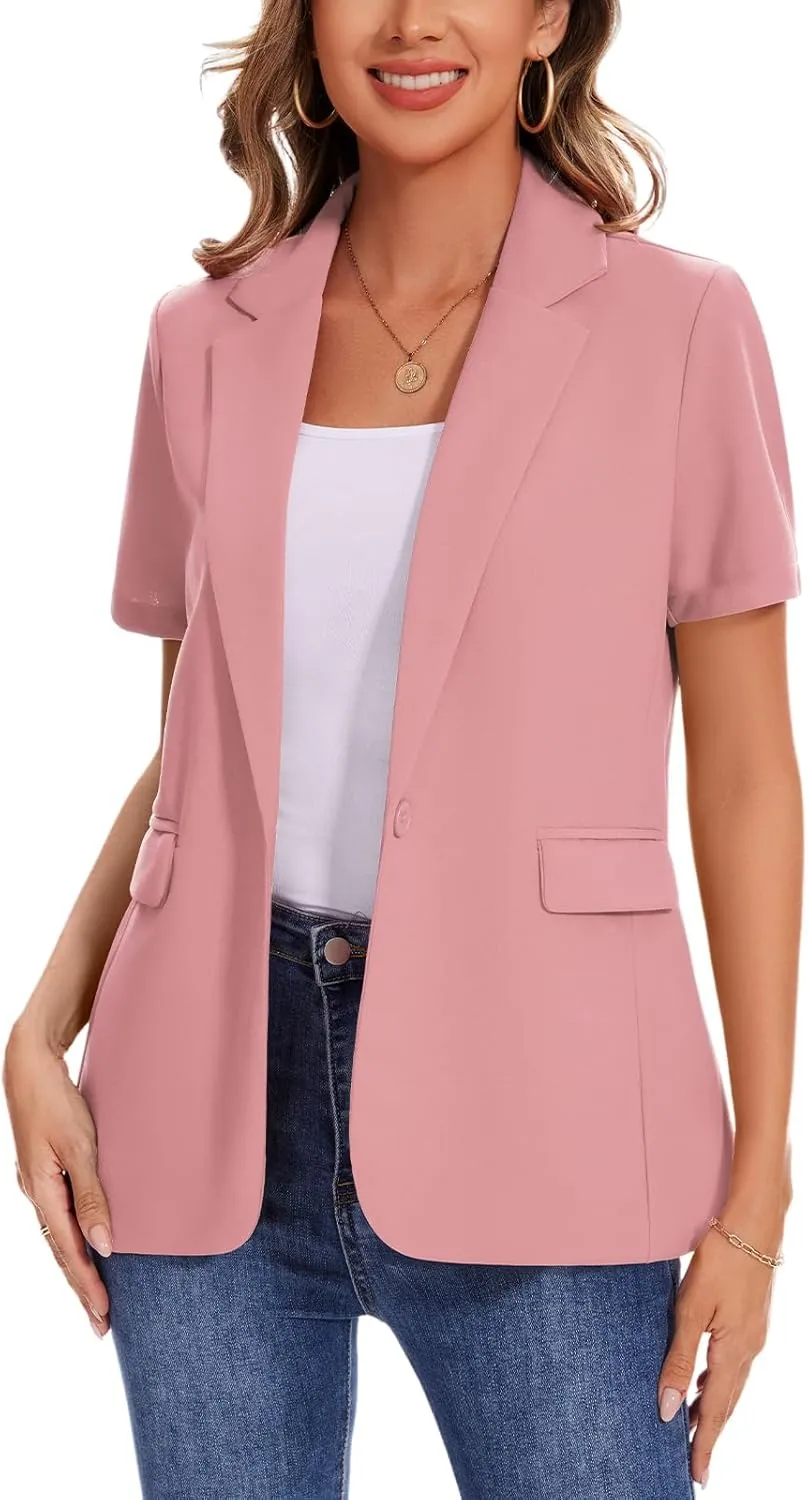 MINTLIMIT Women Short Sleeve Blazer Lightweight Button Front Business Jacket Notched Lapel Work Office Blazers with Pockets