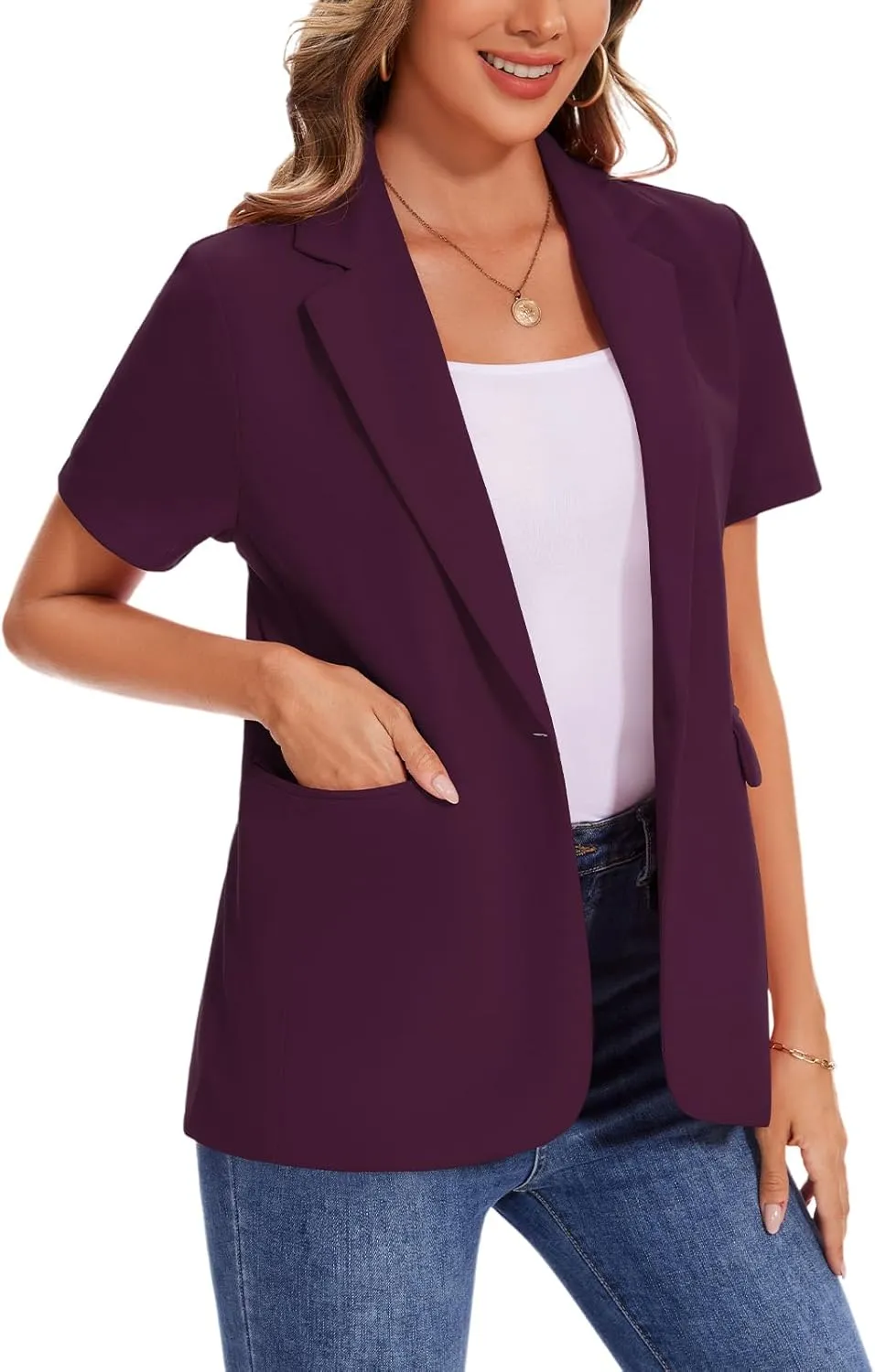 MINTLIMIT Women Short Sleeve Blazer Lightweight Button Front Business Jacket Notched Lapel Work Office Blazers with Pockets