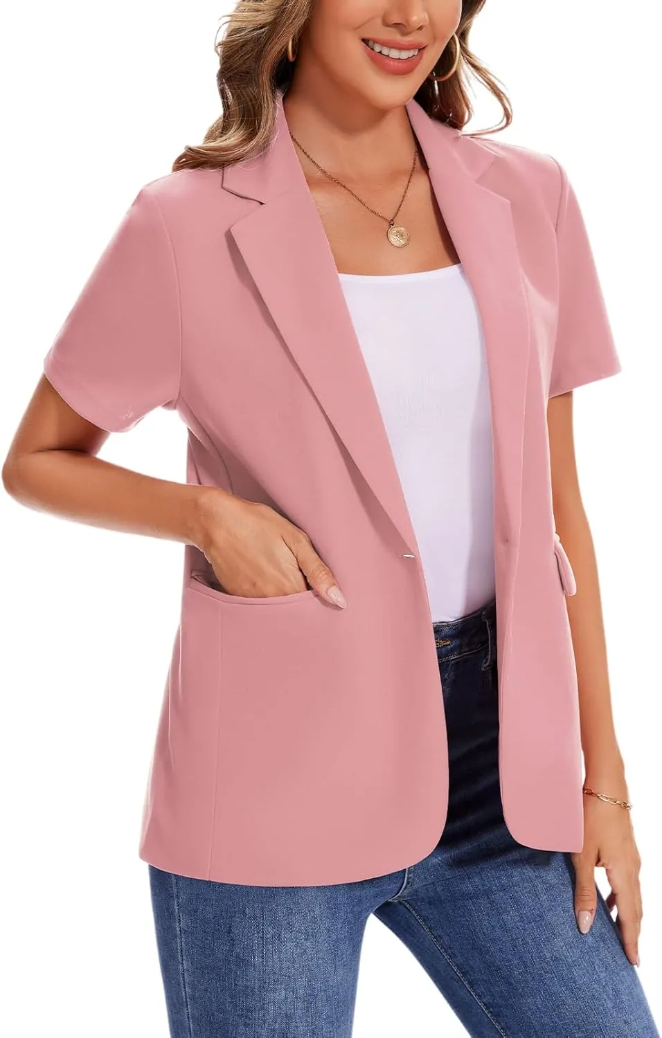 MINTLIMIT Women Short Sleeve Blazer Lightweight Button Front Business Jacket Notched Lapel Work Office Blazers with Pockets