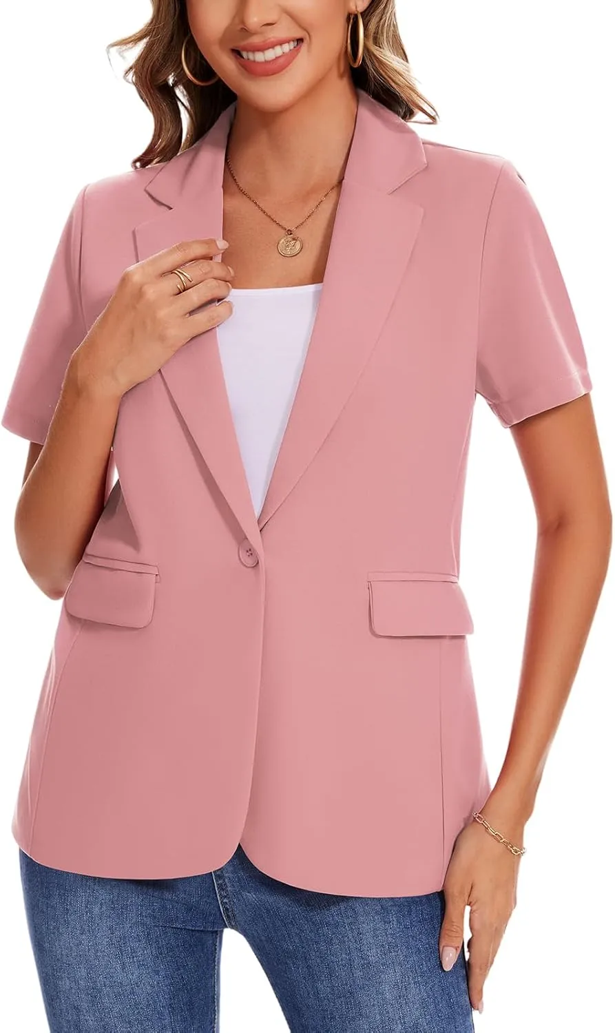 MINTLIMIT Women Short Sleeve Blazer Lightweight Button Front Business Jacket Notched Lapel Work Office Blazers with Pockets
