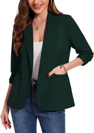MINTLIMIT Womens Casual Blazers 3/4 Ruched Sleeve One Button Blazer Lapel Collar Business Office Suit Jacket with Pockets