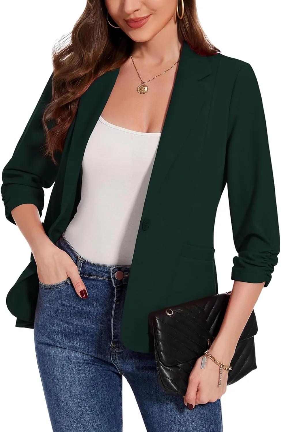 MINTLIMIT Womens Casual Blazers 3/4 Ruched Sleeve One Button Blazer Lapel Collar Business Office Suit Jacket with Pockets