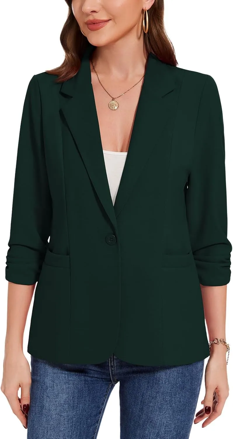 MINTLIMIT Womens Casual Blazers 3/4 Ruched Sleeve One Button Blazer Lapel Collar Business Office Suit Jacket with Pockets