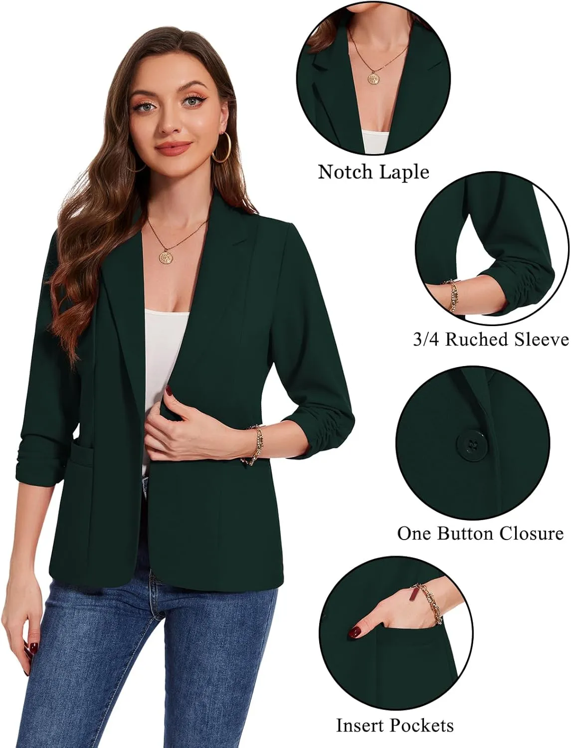 MINTLIMIT Womens Casual Blazers 3/4 Ruched Sleeve One Button Blazer Lapel Collar Business Office Suit Jacket with Pockets