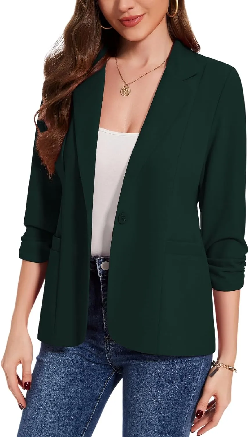 MINTLIMIT Womens Casual Blazers 3/4 Ruched Sleeve One Button Blazer Lapel Collar Business Office Suit Jacket with Pockets