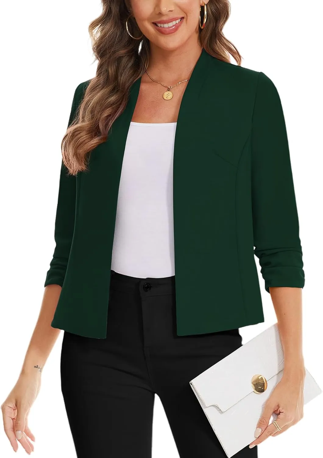MINTLIMIT Women's Collarless Blazer Ruched 3/4 Sleeve Open Front Business Work Office Jacket Blazers