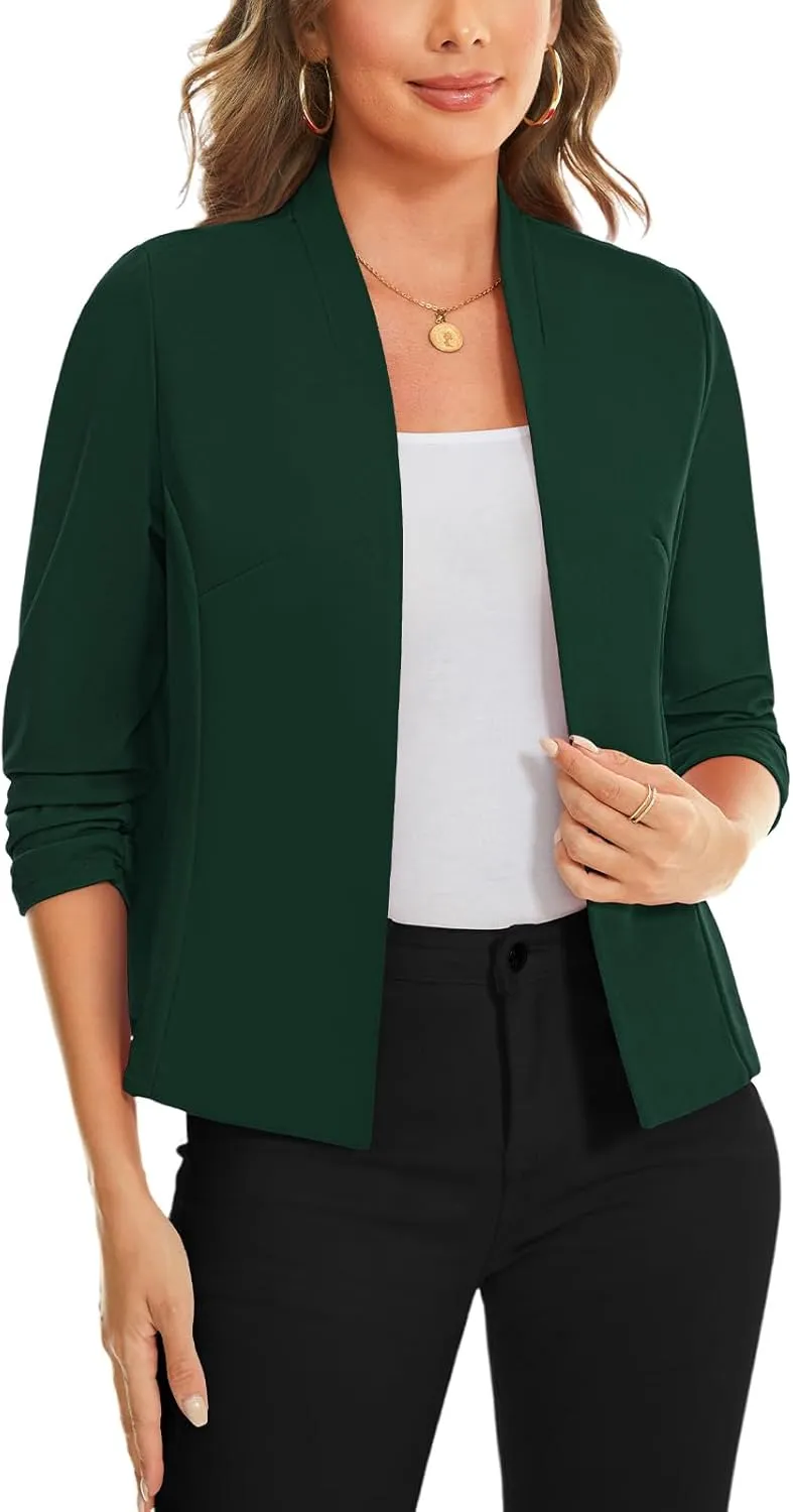 MINTLIMIT Women's Collarless Blazer Ruched 3/4 Sleeve Open Front Business Work Office Jacket Blazers