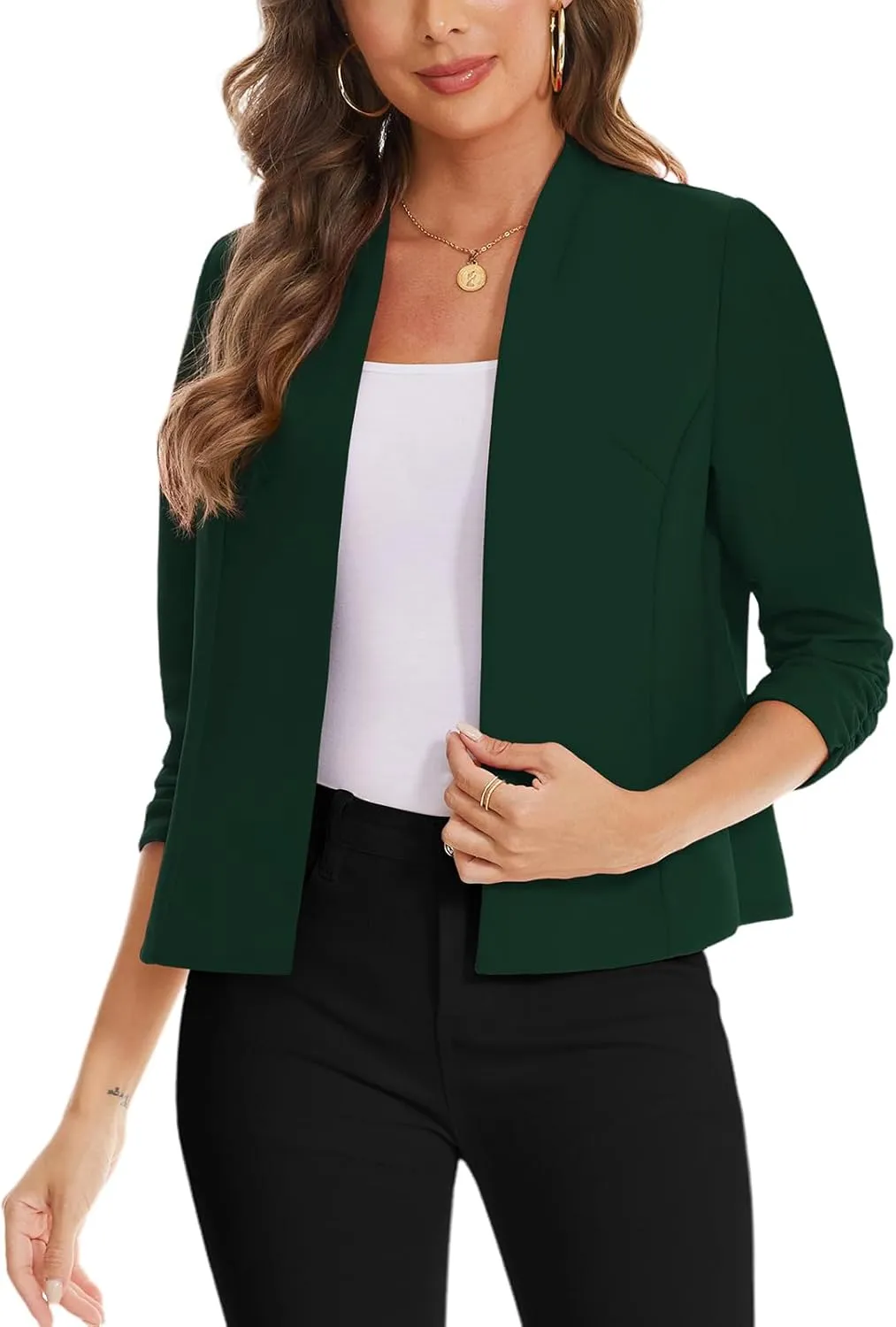 MINTLIMIT Women's Collarless Blazer Ruched 3/4 Sleeve Open Front Business Work Office Jacket Blazers