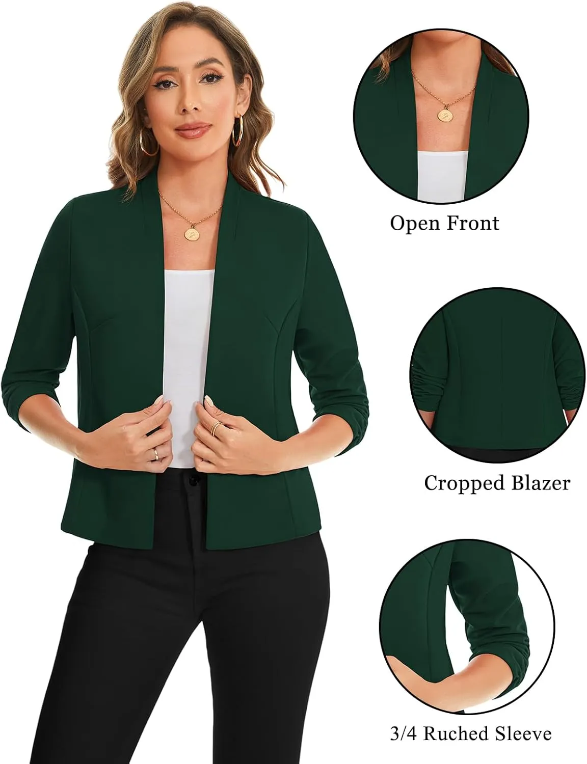 MINTLIMIT Women's Collarless Blazer Ruched 3/4 Sleeve Open Front Business Work Office Jacket Blazers