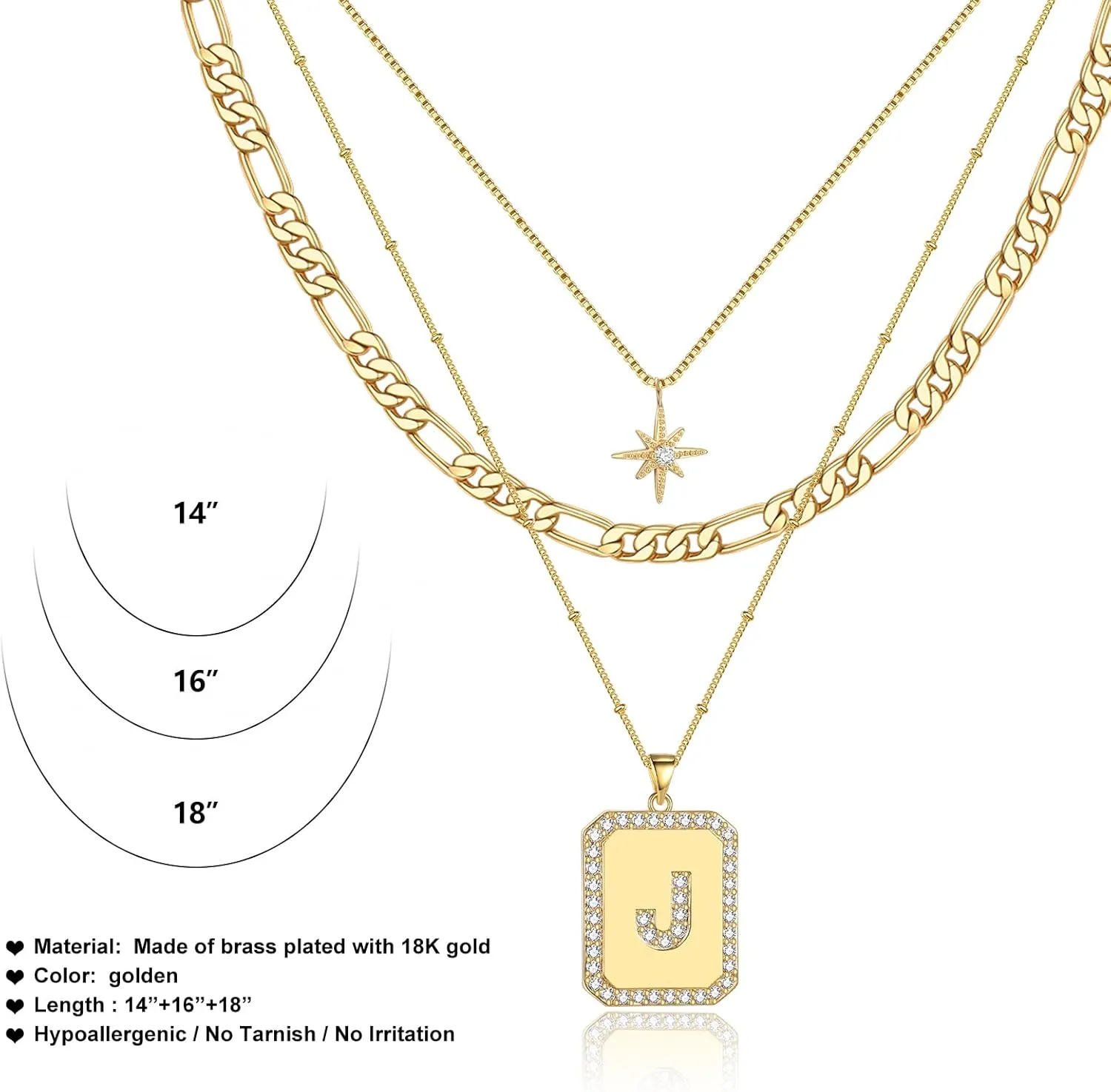 MJartoria Layered Initial Necklaces for Women Trendy, 14K Gold Plated Simple Star Choker Square Letter Pendant Necklace, Figaro Chain Gold Necklaces Jewelry Gifts