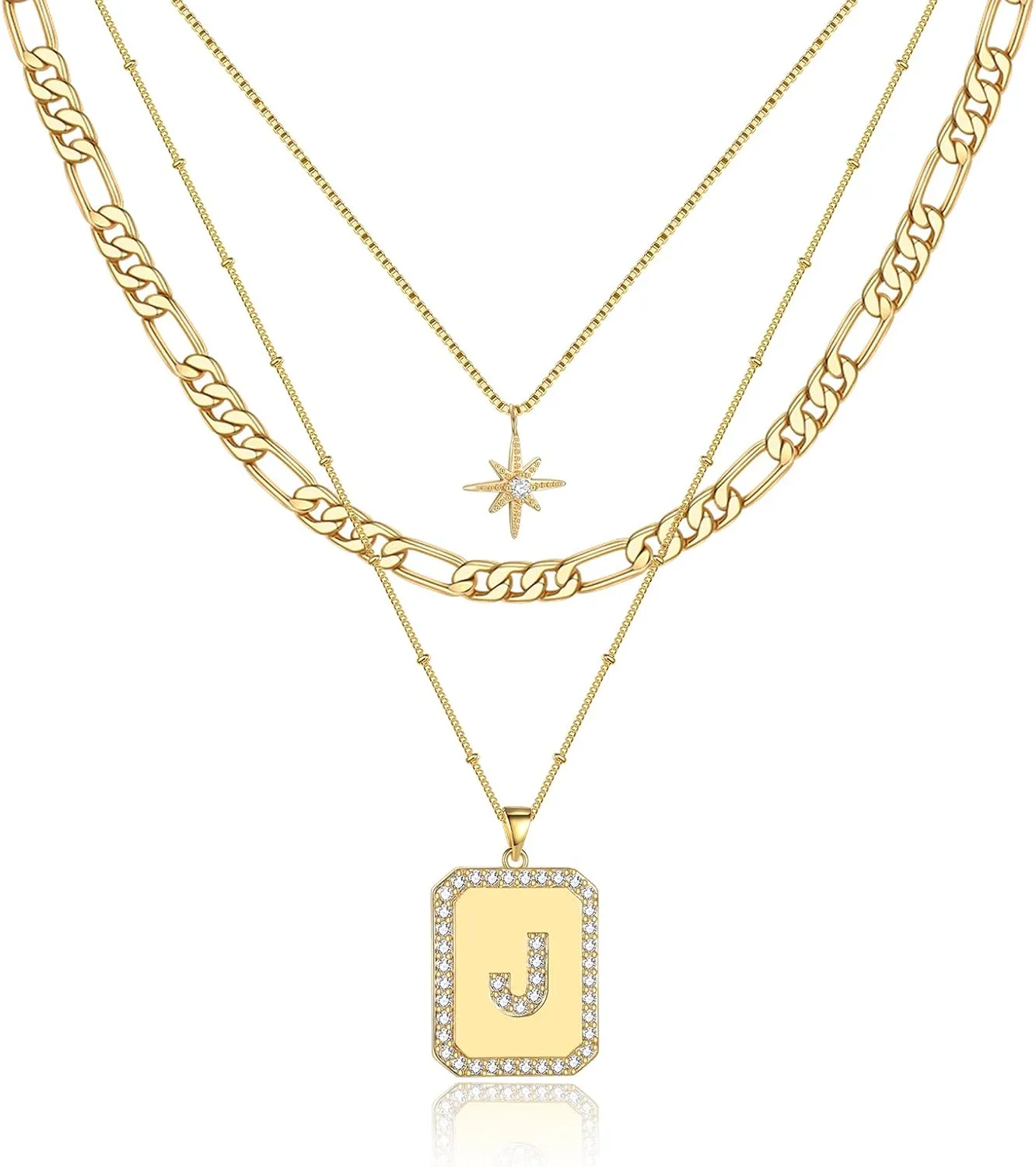 MJartoria Layered Initial Necklaces for Women Trendy, 14K Gold Plated Simple Star Choker Square Letter Pendant Necklace, Figaro Chain Gold Necklaces Jewelry Gifts