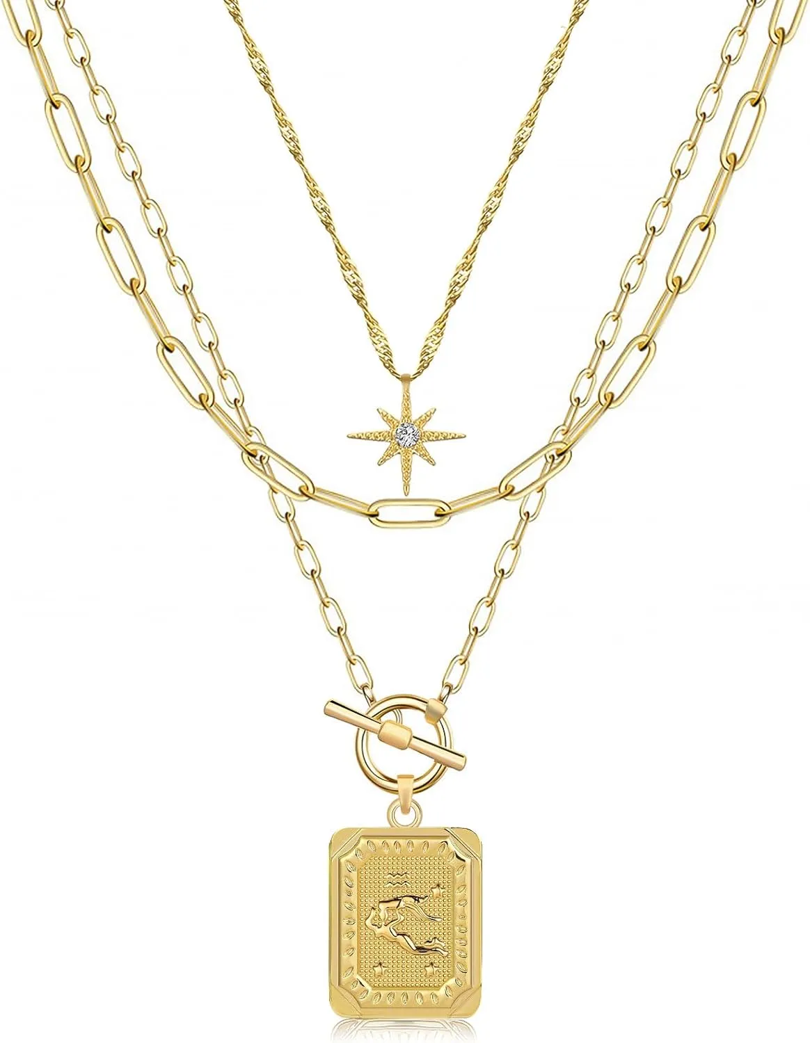 MJartoria Layered Necklaces for Women Trendy, 14K Gold Plated Simple Star Choker Square Flower Pendant Necklace, Paperclip Chain Necklace, Gold Necklaces Jewelry Gifts