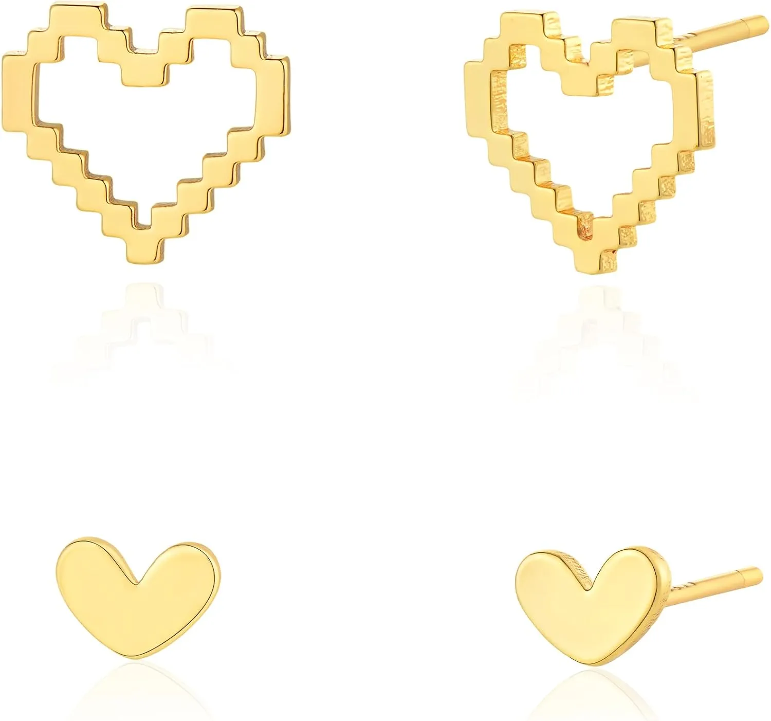 MTMY Gold Stud Earring for Women 2 Pairs of 14K Gold Plated Hypoallergenic Simple Small Stud Earring Set Tiny Bar, Circle, Heart, Triangle, Star, Crown, Flower Dainty Earrings Jewelry