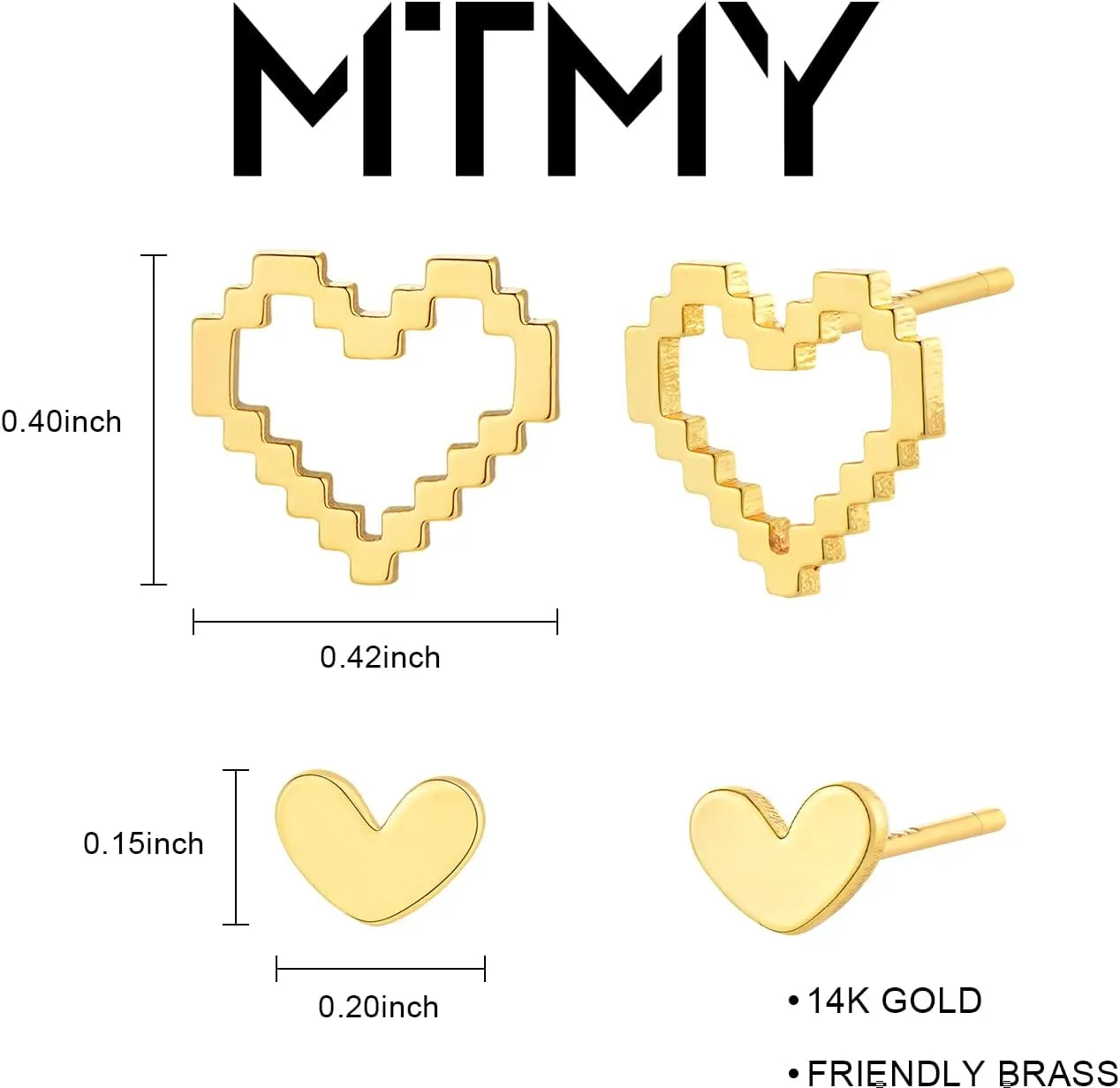 MTMY Gold Stud Earring for Women 2 Pairs of 14K Gold Plated Hypoallergenic Simple Small Stud Earring Set Tiny Bar, Circle, Heart, Triangle, Star, Crown, Flower Dainty Earrings Jewelry