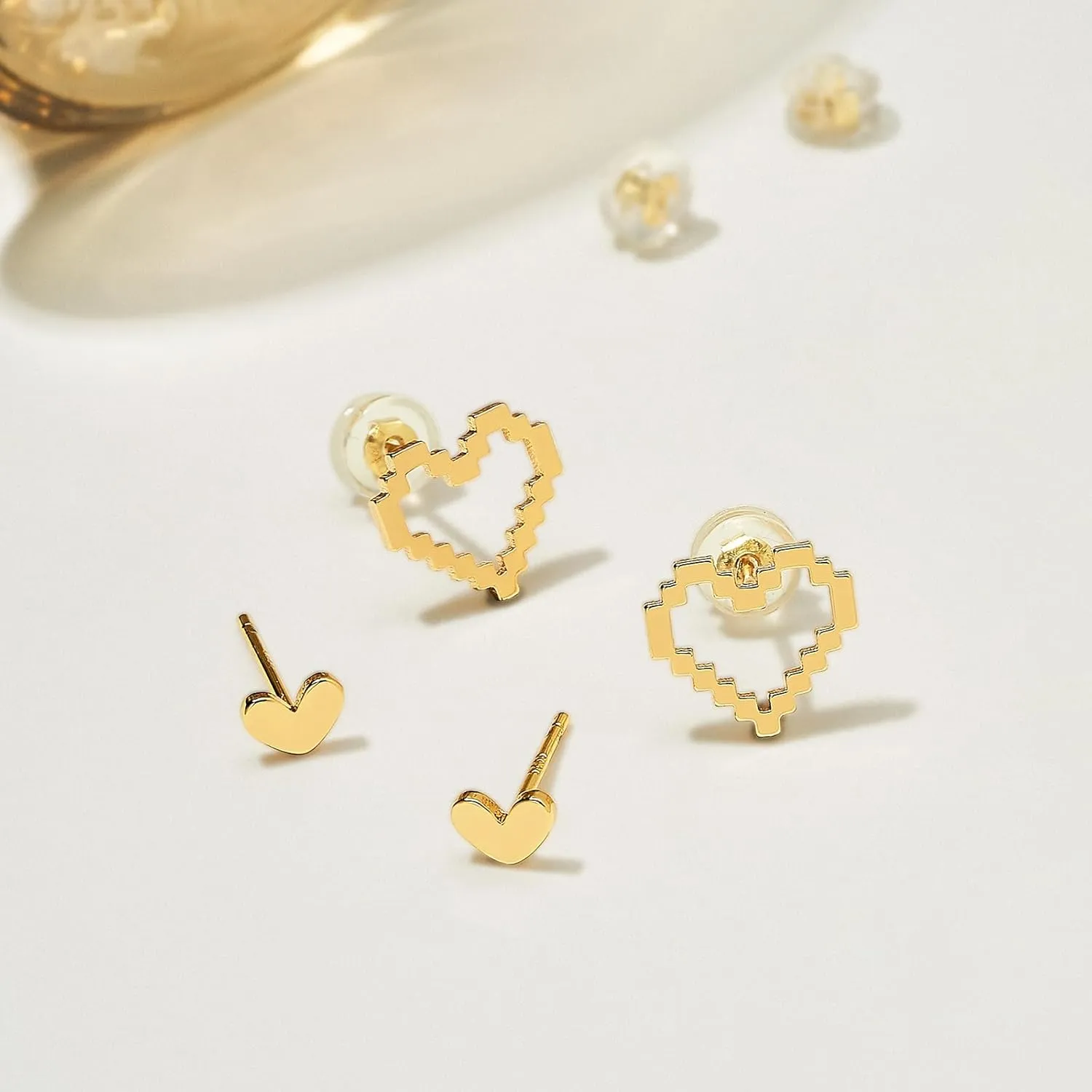 MTMY Gold Stud Earring for Women 2 Pairs of 14K Gold Plated Hypoallergenic Simple Small Stud Earring Set Tiny Bar, Circle, Heart, Triangle, Star, Crown, Flower Dainty Earrings Jewelry