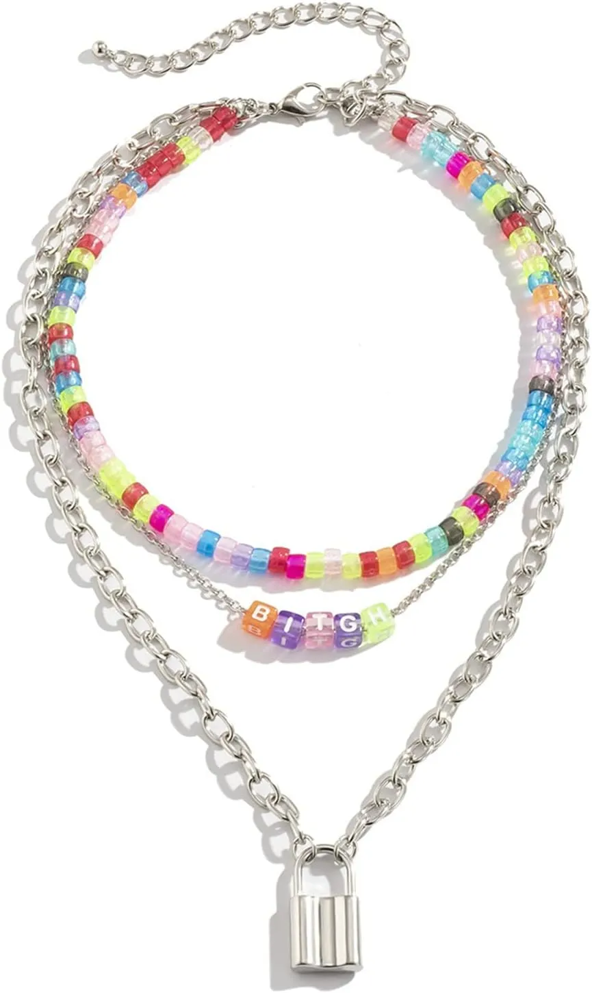 Multilayer Necklace Silver, Layered Necklaces for Women Multi Layered Chain with Colorful Bead Lock Pendant Chain Necklaces Women Jewelry, 3 Layers, Silver