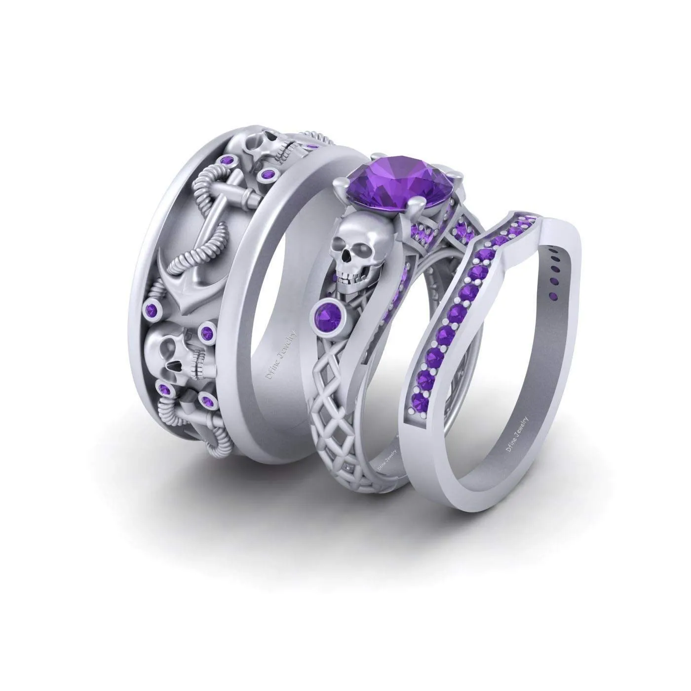 Nautical Anchor Mesh Skull Engagement Ring Set 925 Sterling Silver Purple Amethyst Anchor Skull Matching Couple Set
