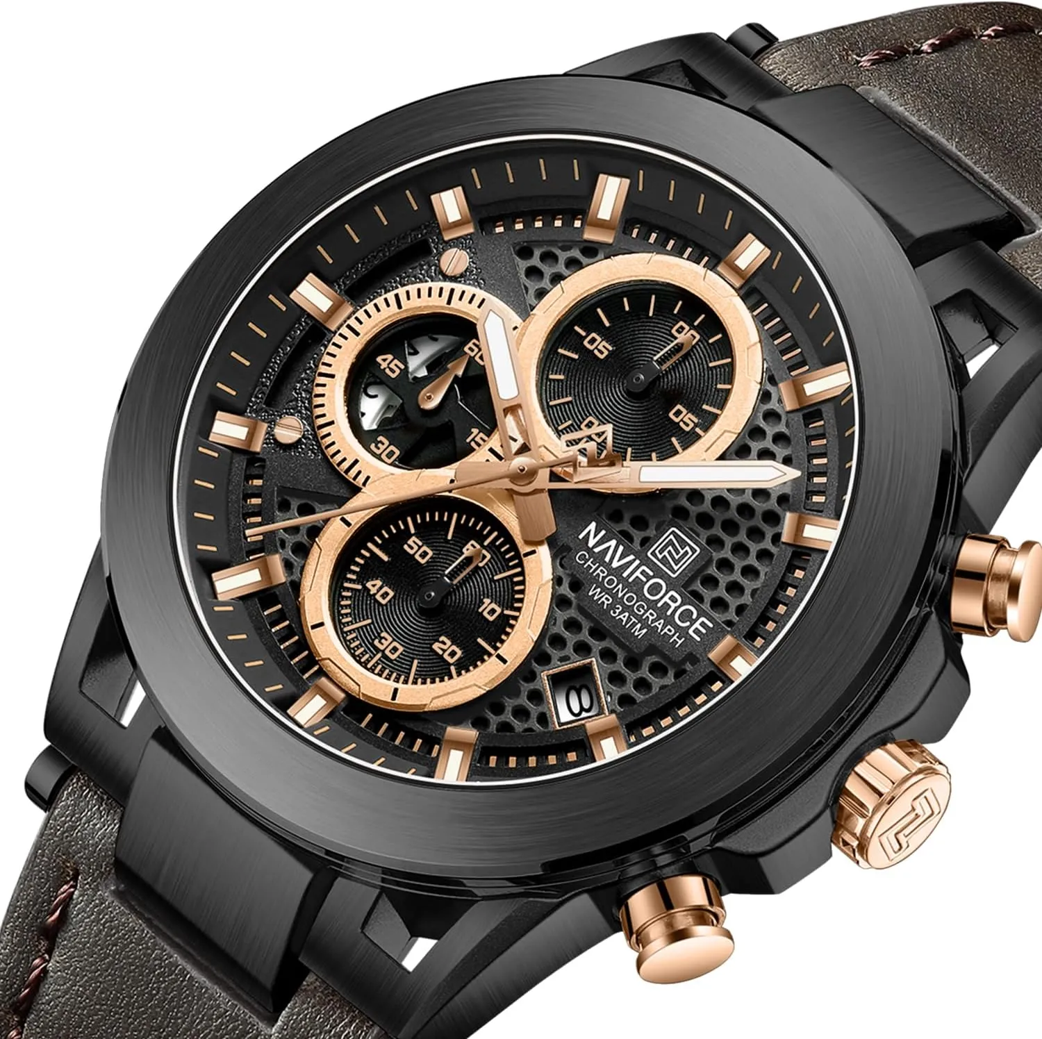 NAVIFORCE Men Sport Chronograph Watches,with Calendar Quartz Mens Waterproof Wrist Watches, Genuine Leather Strap,Gifts for Man