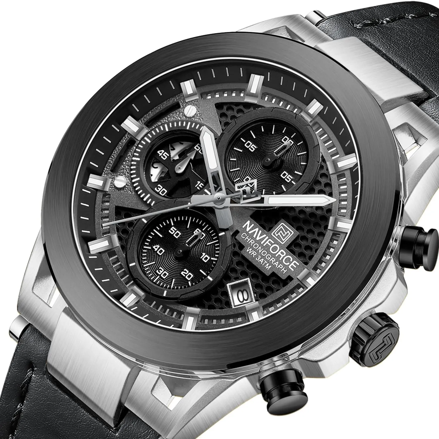 NAVIFORCE Men Sport Chronograph Watches,with Calendar Quartz Mens Waterproof Wrist Watches, Genuine Leather Strap,Gifts for Man
