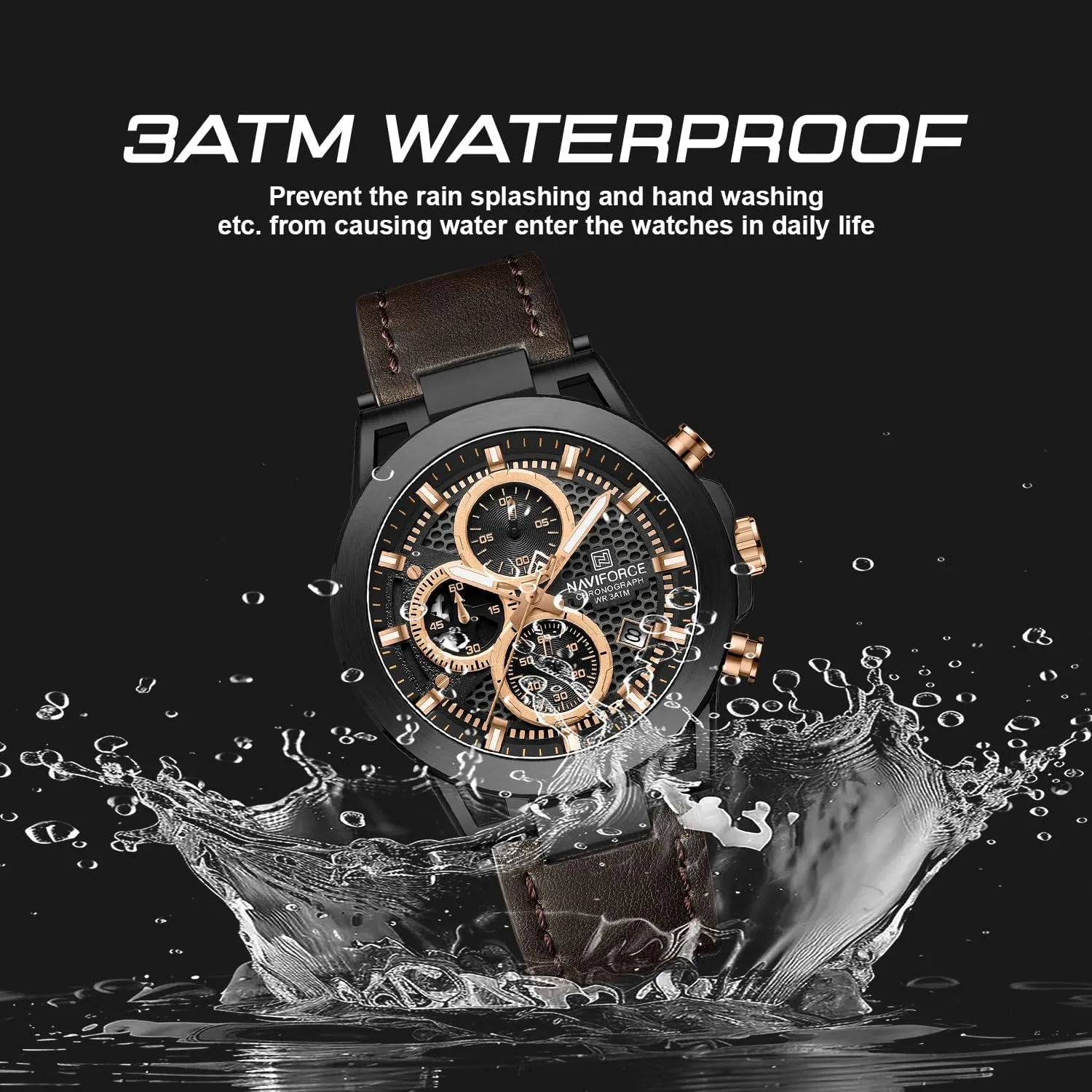 NAVIFORCE Men Sport Chronograph Watches,with Calendar Quartz Mens Waterproof Wrist Watches, Genuine Leather Strap,Gifts for Man