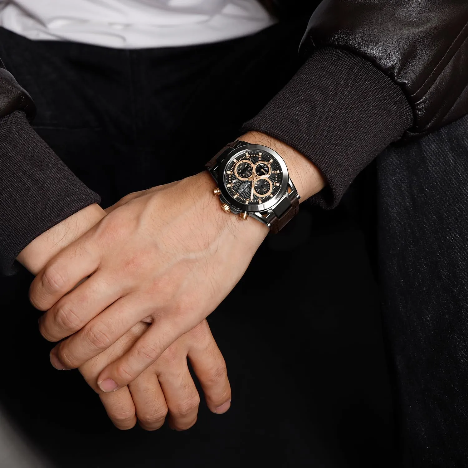 NAVIFORCE Men Sport Chronograph Watches,with Calendar Quartz Mens Waterproof Wrist Watches, Genuine Leather Strap,Gifts for Man